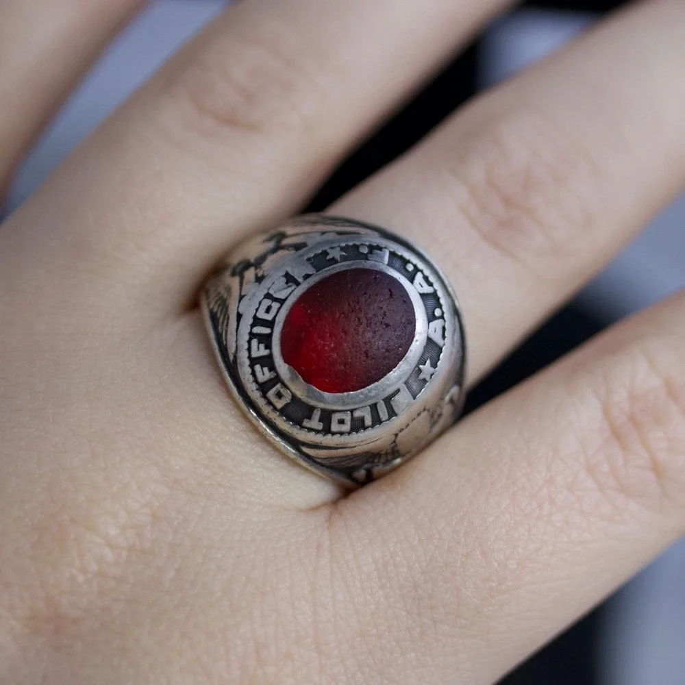 Vintage AAF Pilot Officer Sterling Silver Red Stone Signet Ring HJ Size 9.5